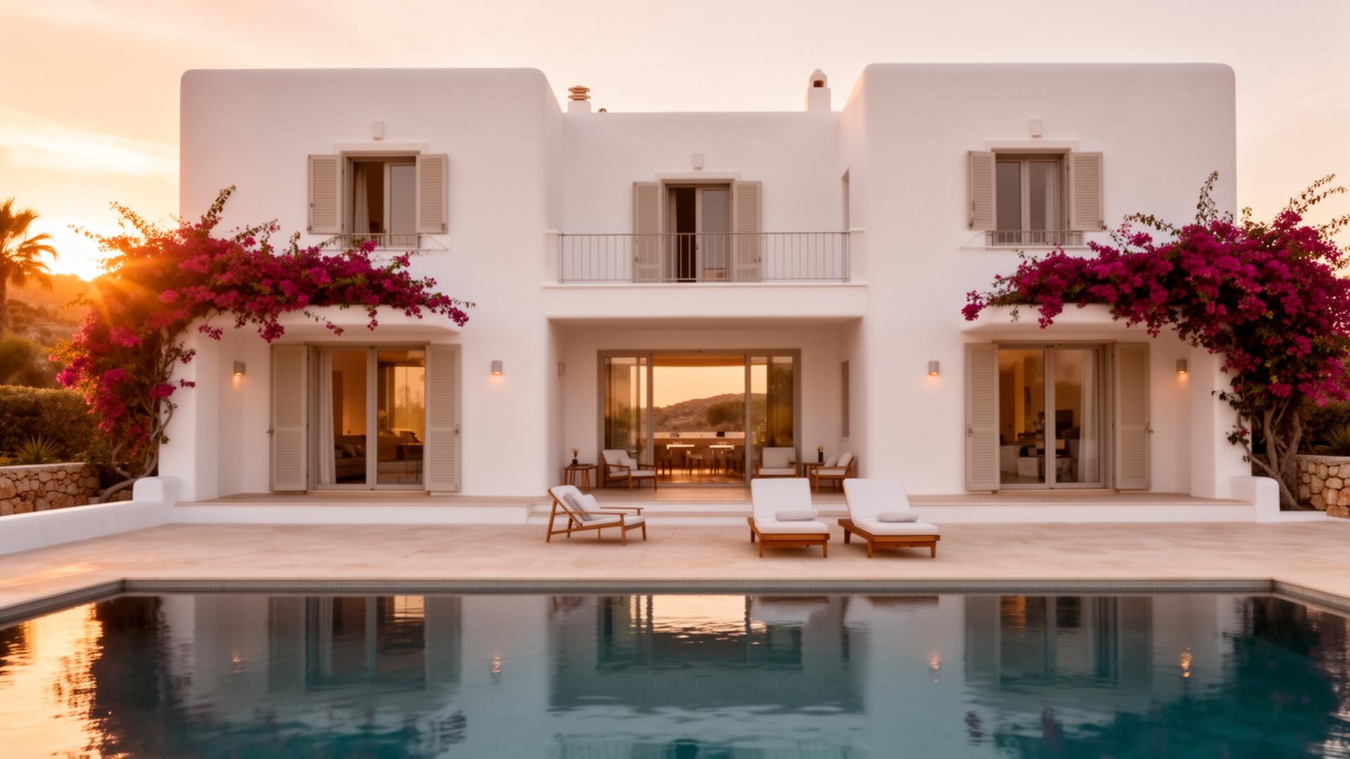 Freshly painted luxury Ibiza villa at sunset